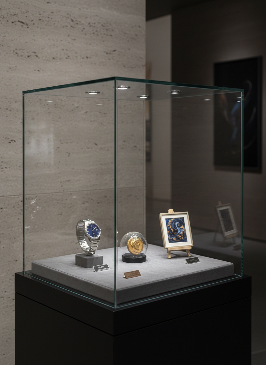 An opulent glass display case in a minimalist luxury showroom, containing a single platinum watch with a deep blue dial, a vintage gold coin in a protective clear capsule, and a small framed abstract artwork. The case sits on a matte black plinth against a subtle stone-textured wall, with tiny, non-textual authenticity plaques beneath each item. Cool, focused gallery lighting above creates crisp reflections on the glass and precise shadows, while the rest of the room fades into soft darkness. Photographic realism, shot from a slightly elevated three-quarter angle, emphasizes clarity, provenance, and exclusivity, evoking a calm, secure environment suitable for discerning collectors on a high-end marketplace platform.