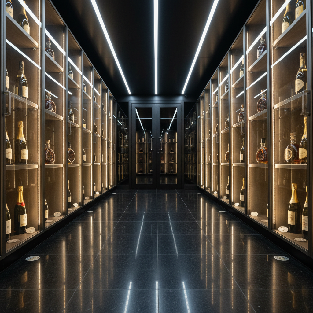 A secure, climate-controlled spirits vault corridor with glass-fronted cabinets on both sides, each displaying carefully spaced bottles of champagne, whisky, and cognac, all sealed and upright with small, text-free authenticity markers beneath. The floor is polished dark stone reflecting the linear LED lighting that runs along the ceiling. At the corridor’s end, a heavy metal and glass security door stands closed, hinting at further exclusive collections. Photographic realism, shot from a low central perspective with deep depth of field, creates strong leading lines and a sense of controlled access, UK-compliant storage, and serious curation of rare, age-verified luxury beverages.