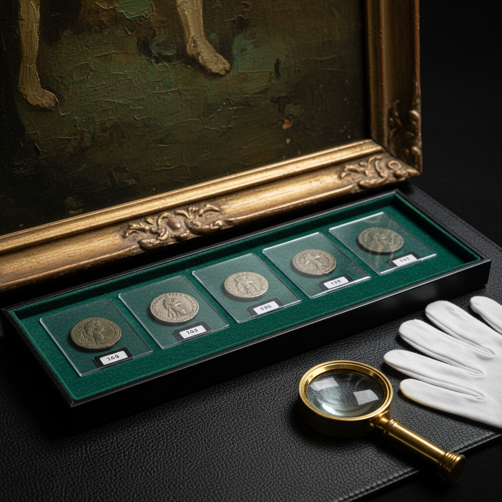 A dramatic close-up of a vintage art and coin pairing: a richly textured oil painting corner with dark greens and golds, and in the foreground a felt-lined tray holding a neat row of rare coins in clear capsules, each subtly numbered without readable text. The tray rests on a black leather appraisal mat, beside a magnifying loupe and a pair of white cotton gloves laid neatly aside. Overhead, cool, controlled studio lighting reveals every surface detail while preserving deep, luxurious shadows. Photographic realism, macro-style composition with shallow depth of field, emphasizes precision, authenticity verification, and the careful handling expected in a regulated, provenance-focused luxury marketplace.