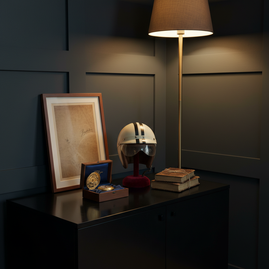 A refined collector’s corner featuring a low ebony cabinet displaying an arrangement of rare memorabilia: a signed-looking yet text-free vintage poster in a slim frame, a classic racing helmet on a velvet stand, an antique pocket watch in an open, non-textual presentation box, and a small stack of old leather-bound ledgers suggesting provenance records. The cabinet stands against a deep charcoal wall with subtle vertical paneling. A single warm floor lamp with a narrow beam illuminates the objects, leaving the rest of the space in soft shadow. Photographic realism, shot from a low, slightly off-center angle, creates depth and drama, conveying a sophisticated, curated atmosphere suitable for high-value collectibles and antiques.