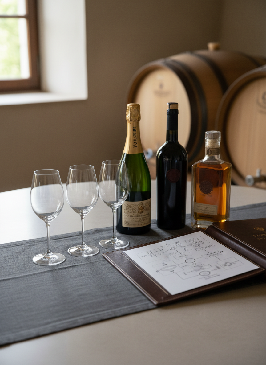 An elegant tasting table prepared for evaluation rather than consumption: three empty fine crystal tasting glasses arranged in a precise line beside closed bottles of champagne, wine, and whisky, each with detailed but unreadable labels and tamper-proof seals. A leather-bound provenance folder lies open, pages turned just enough to show diagrams without text. The scene is set on a charcoal-grey linen runner over a pale stone surface, with a subtle backdrop of blurred oak casks. Soft, diffused afternoon light from a side window creates gentle reflections in the glass and a calm, professional mood. Photographic realism, composed with rule-of-thirds framing and shallow depth of field, highlighting authenticity and responsible, age-verified luxury curation.